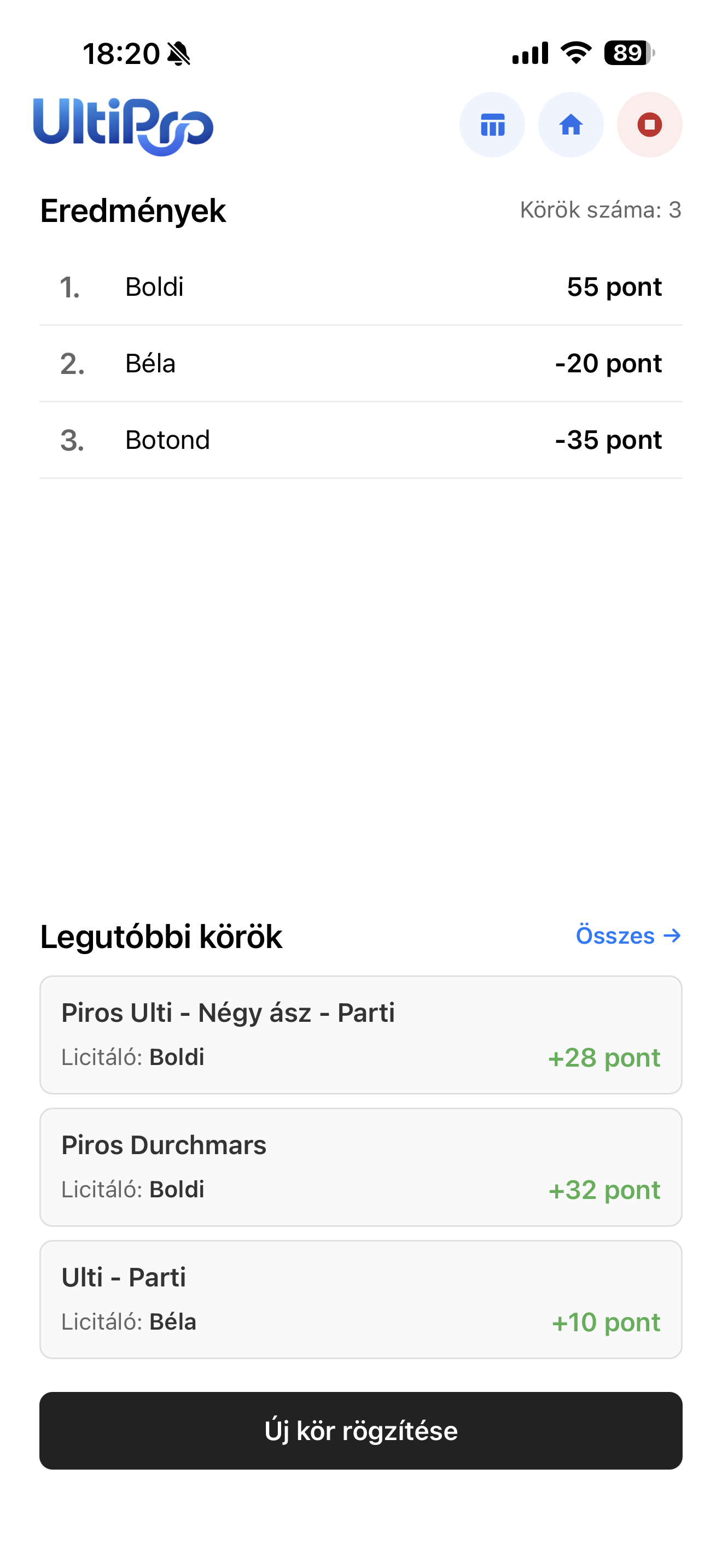 Pontszámok képernyő